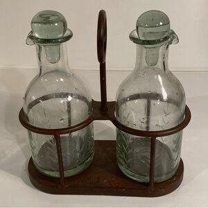 Pottery Barn Hand Blown Etched Glass Cruet with Glass Stoppers In Metal Caddy